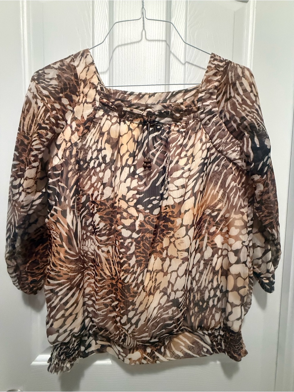 Brown & Cream Printed Peasant Blouse - Womens